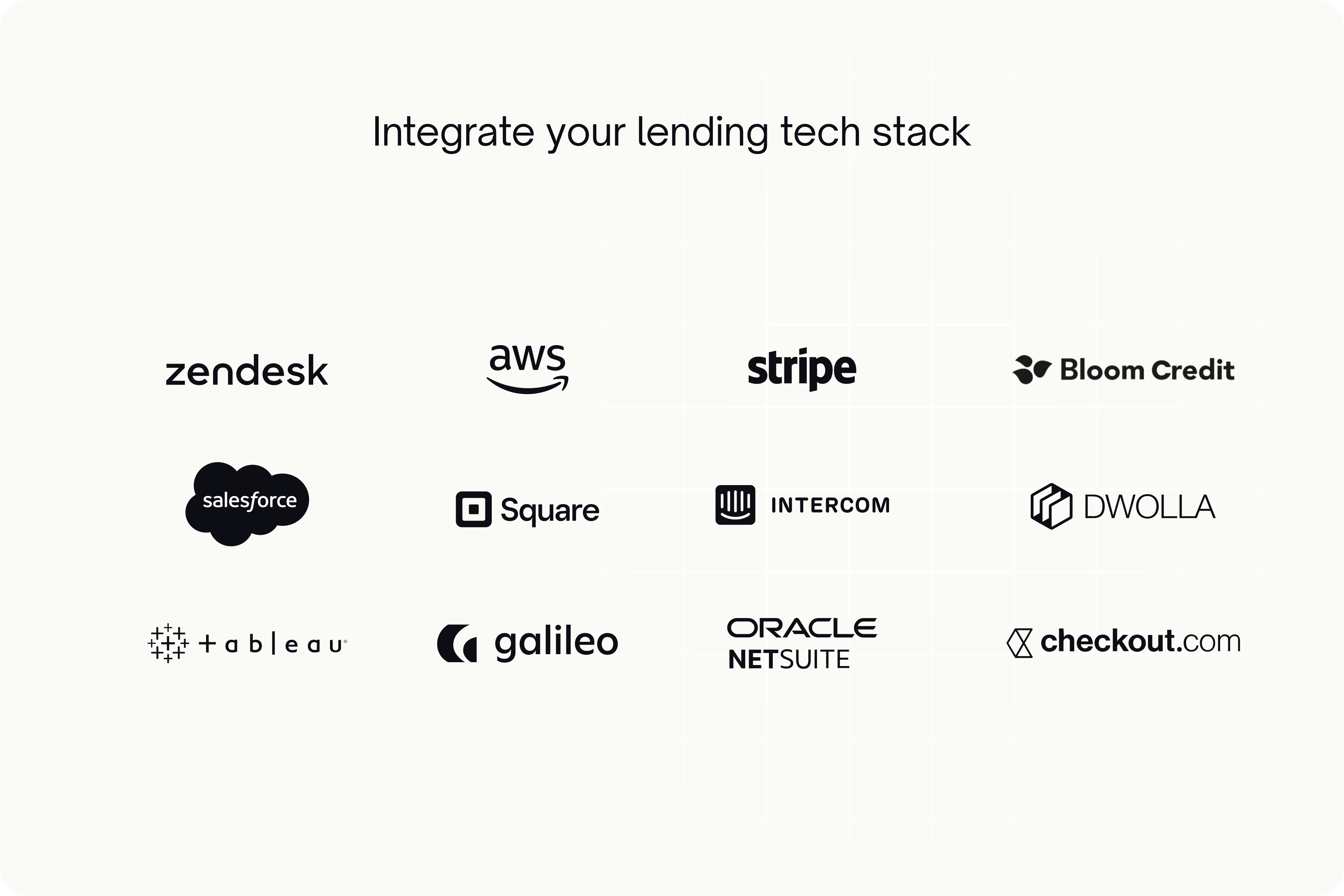 Canopy integrations logo wall: Zendesk, Salesforce, Tableau, AWS, Square, Galileo, Stripe, Intercom, Oracle Net Suite, Bloom Credit, Dwolla, Checkout.com