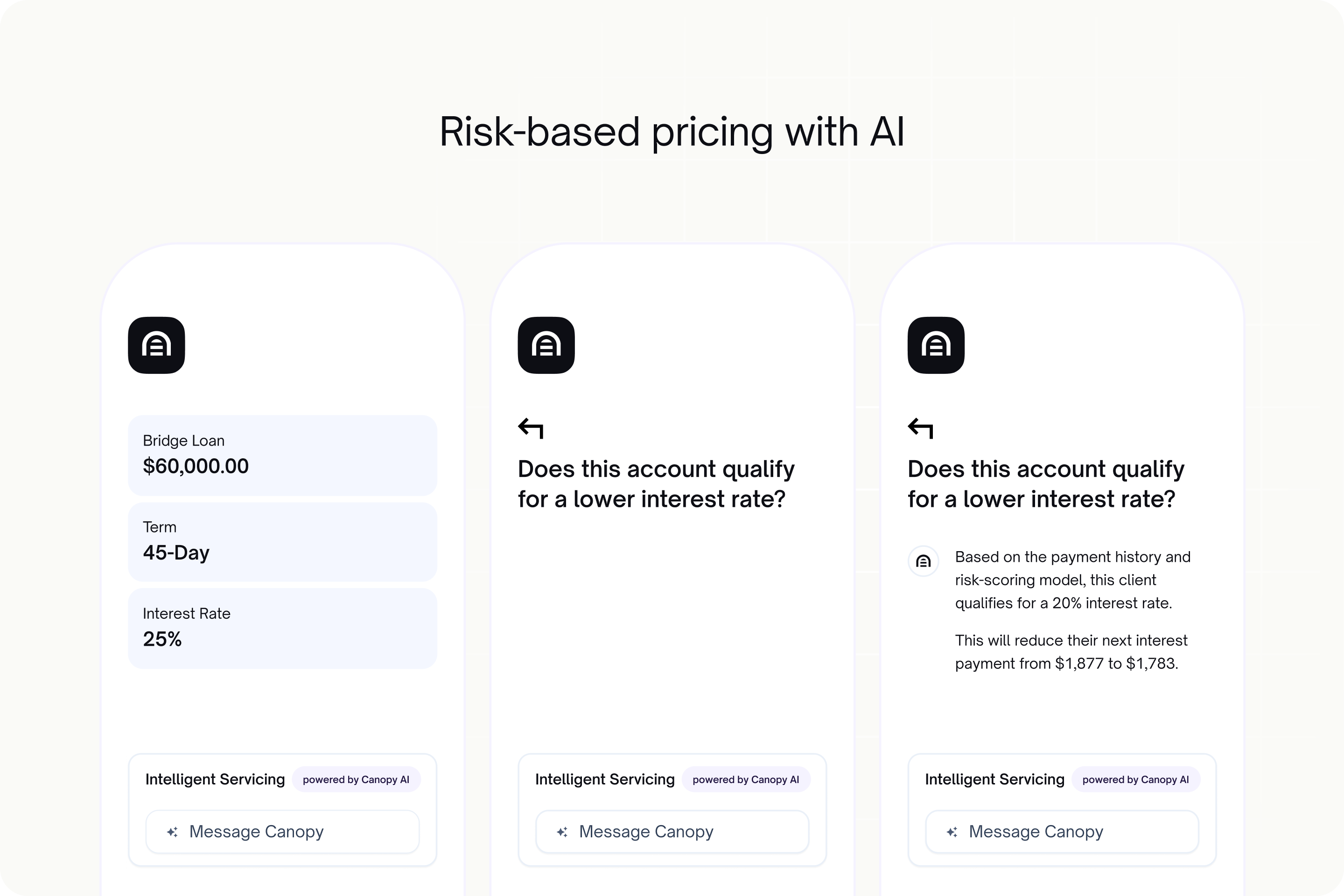 Example of AI in lending, with simulated product UI